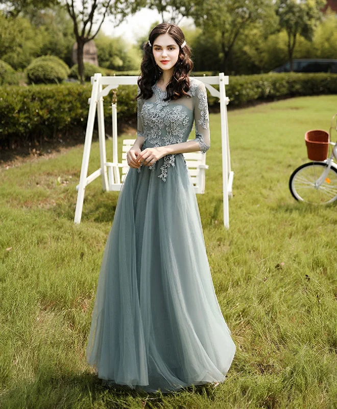 Green Tulle Lace Long Prom Dress, Green Tulle Lace Bridesmaid Dress