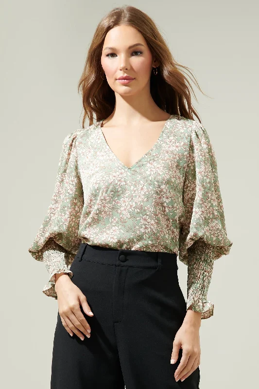 Azalea Floral Smocked Long Sleeve Blouse