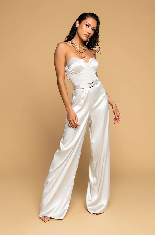 THE ONE AND ONLY WIDE LEG STRAPLESS JUMPSUIT WITH ATTATCHED BELT LIGHT GREEN