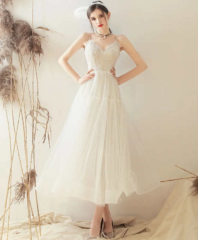 White Sweetheart A Line Tulle Tea Length Prom Dress Bridesmaid Dress