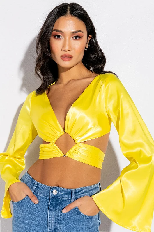 CHLOE CUTOUT LONG SLEEVE SATIN BLOUSE