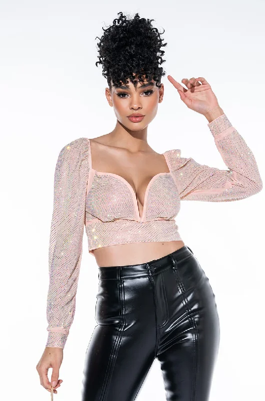 THE SHOW GOES ON RHINESTONE MESH LONG SLEEVE BLOUSE