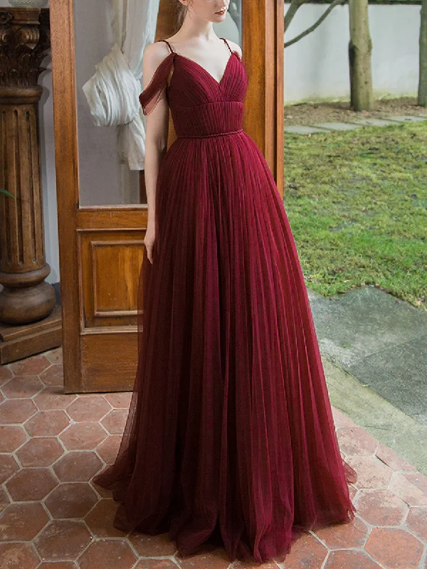 Simple Burgundy V Neck Tulle Long Prom Dress, Burgundy Bridesmaid Dress