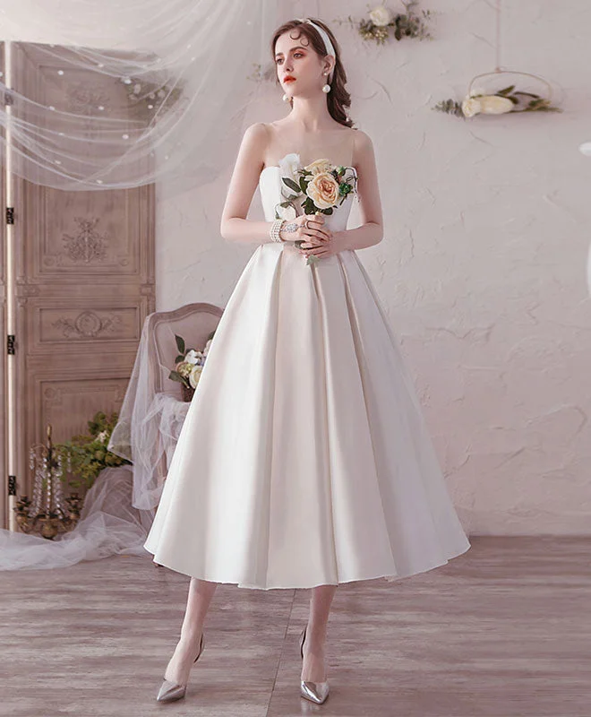 Simple Round Neck Tea Length Prom Dress White Bridesmaid Dress