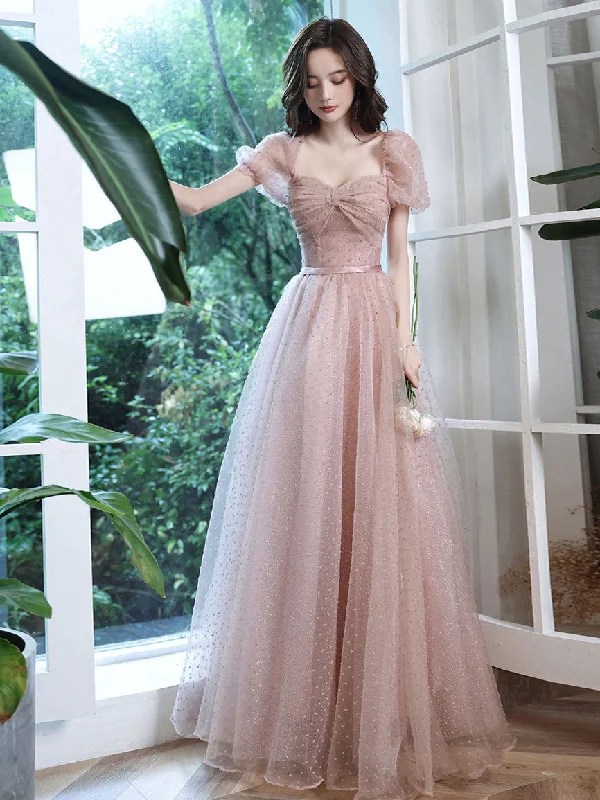 Pink A line Tulle Long Prom Dress. Pink Lace Bridesmaid Dress