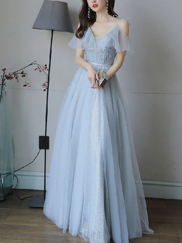 Simple Light Blue Tulle Lace Long Prom Dress, Lace Long Bridesmaid Dress