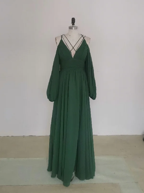 Simple A line Green Chiffon Long Prom Dress, Green Bridesmaid Dress