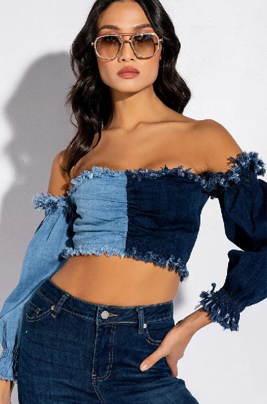 DIANA OFF THE SHOULDER LONG SLEEVE DENIM TOP