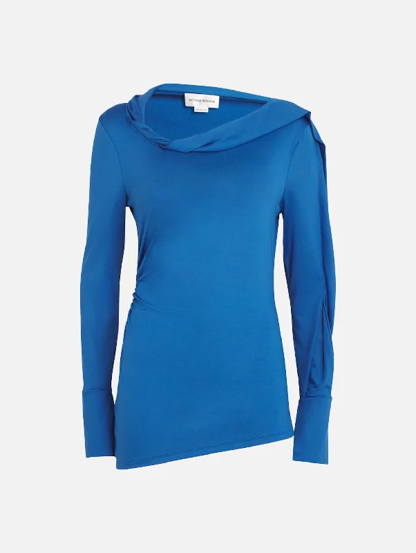 Long Sleeve Draped Jersey Top in Ocean Blue