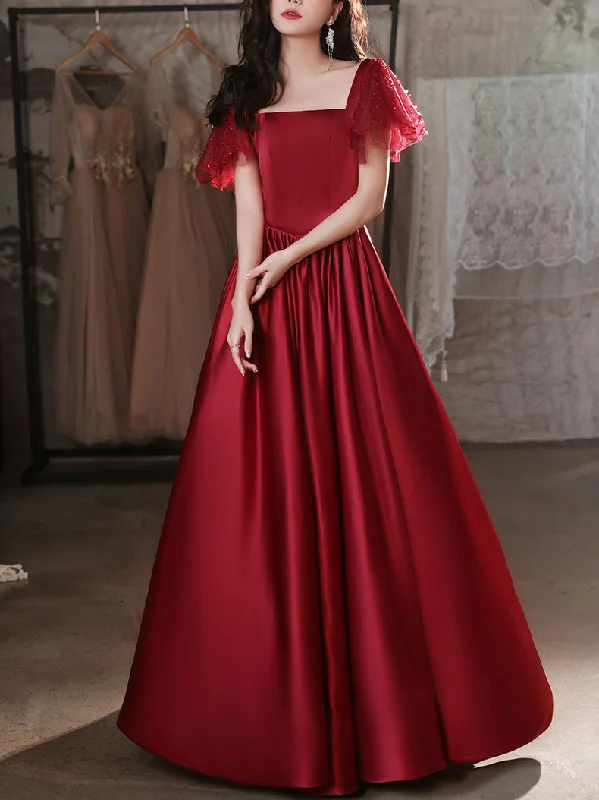 Simple Burgundy Satin Long Prom Dress, Burgundy Bridesmaid Dress