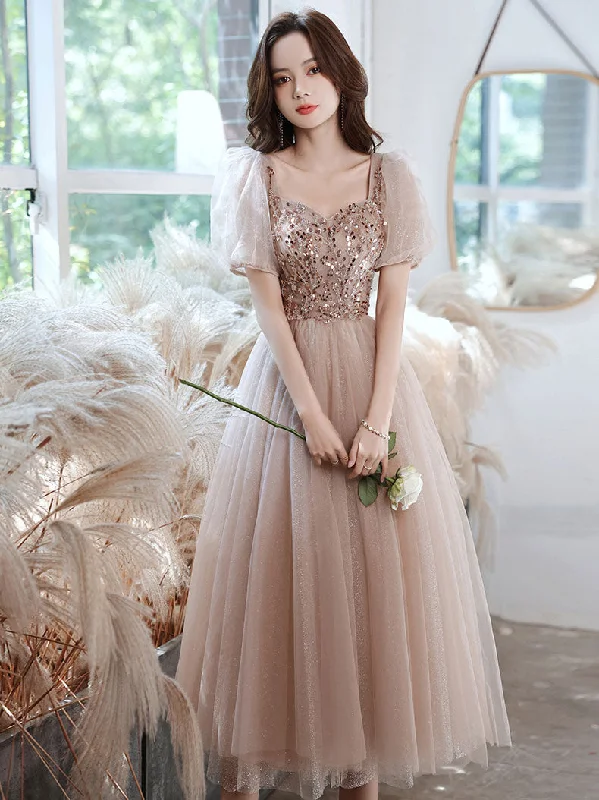 Champagne A-line Tulle Beads Prom Dress, Tulle Bridesmaid Dress