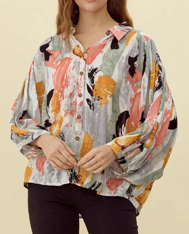 Abstract Print Long Sleeve Blouse