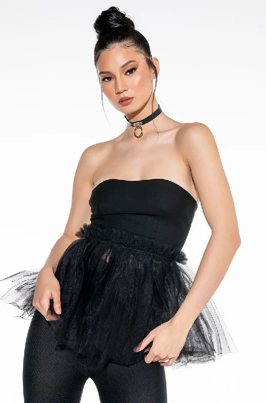 DANCE TO THIS STRAPLESS TULLE PEPLUM BLOUSE