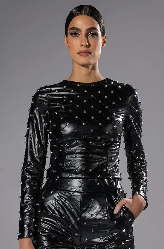 NICO FAUX LEATHER SPIKE DETAILED LONG SLEEVE TOP