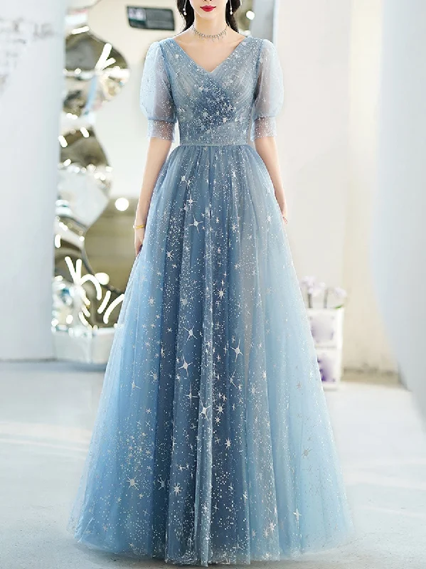 Simple V Neck Tulle Star Blue Long Prom Dress, Blue Formal Bridesmaid Dresses