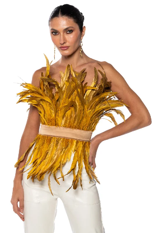 ISLA STATEMENT STRAPLESS FEATHER TOP