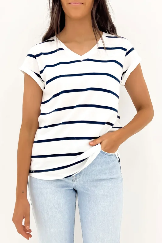 Manly Stripe Vee Tee White Navy Strip