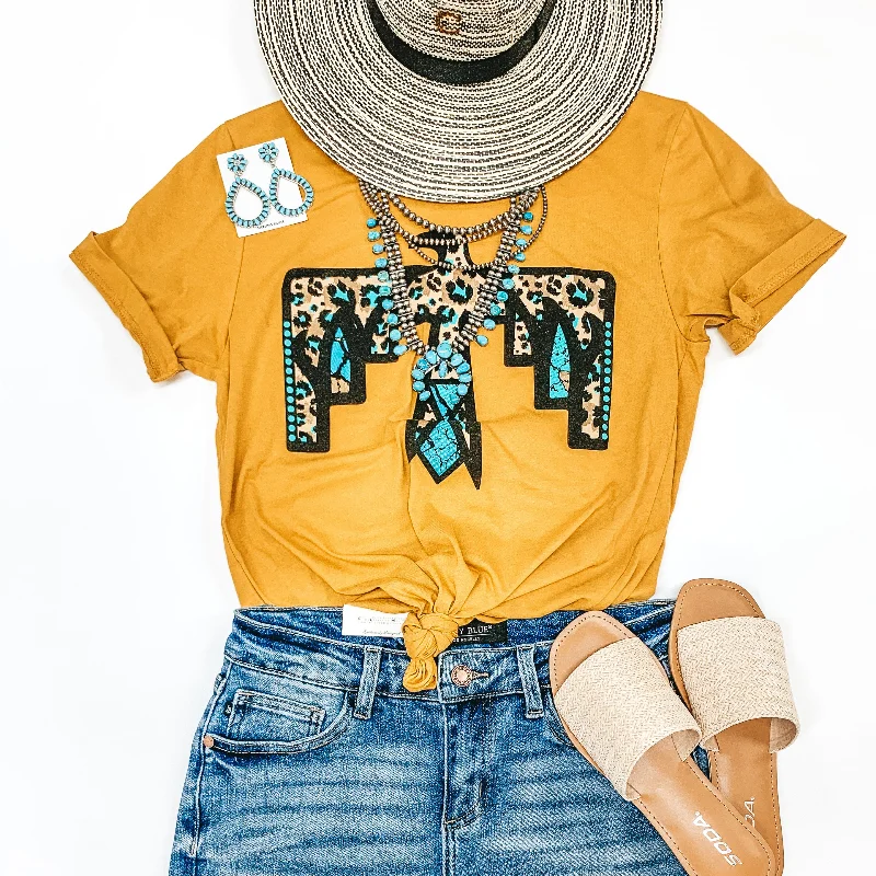 Cherokee Hills Turquoise Leopard Thunderbird Short Sleeve Graphic Tee in Mustard Yellow