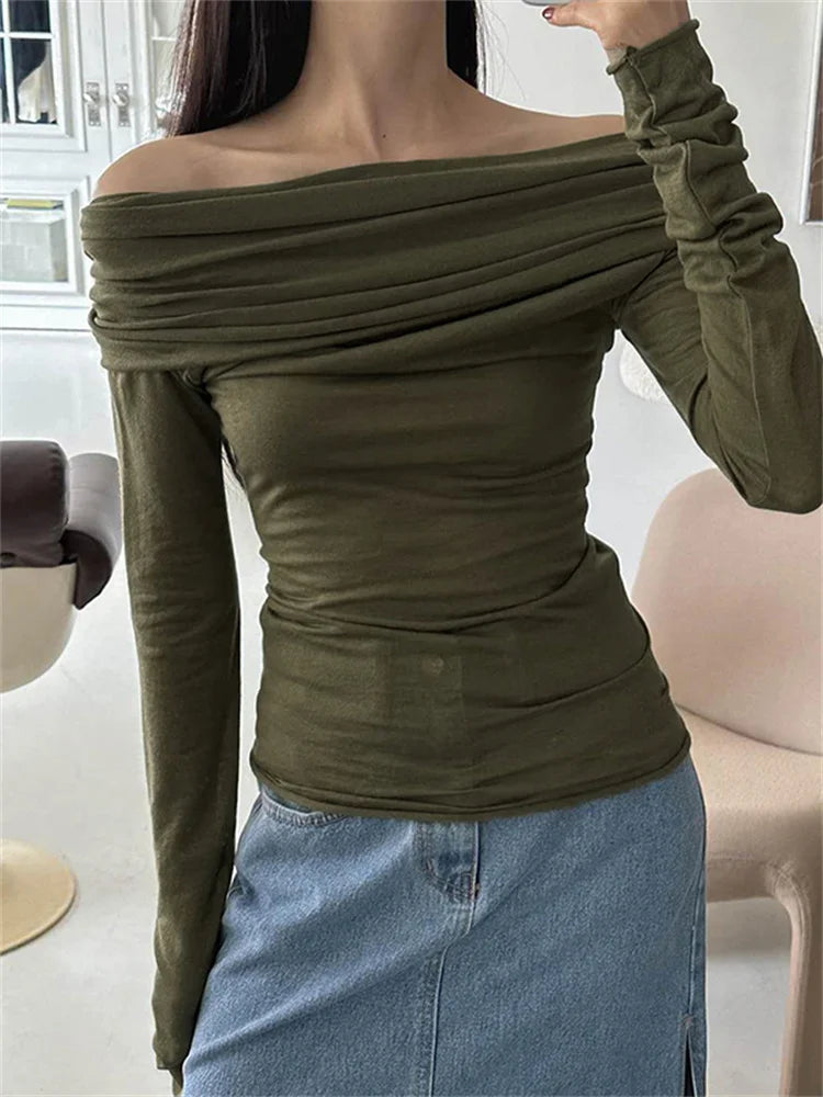 FashionSierra - Sexy Long Sleeve Off-shoulder Ruched Solid Slim Fit Shirt Slash Neck Pullovers Clubwear Tee