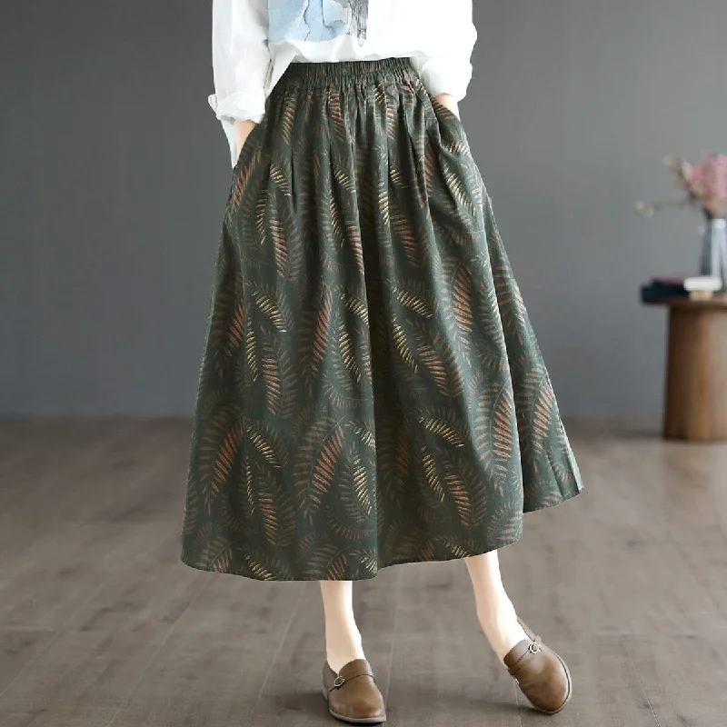 Autumn Retro Print Cotton Linen Patchwork Skirt