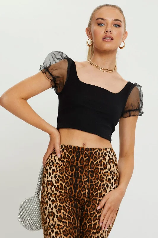 Black Organza Puff Sleeve Crop Top