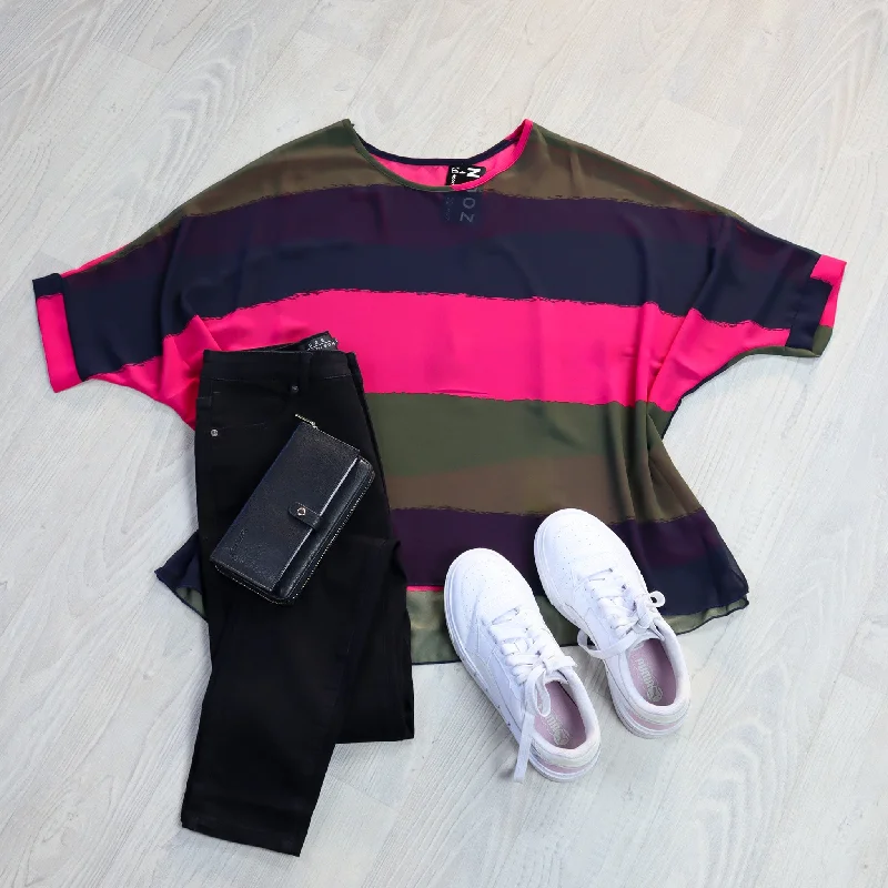 PRE-ORDER** Bright Pink & Khaki Stripe Draped Top - Vogue Collection