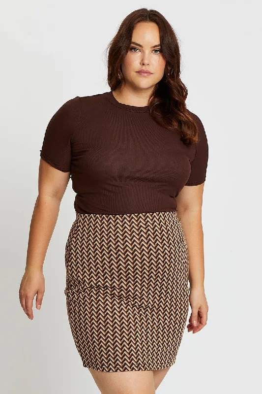 Brown Zig Zag Print Mini Skirt