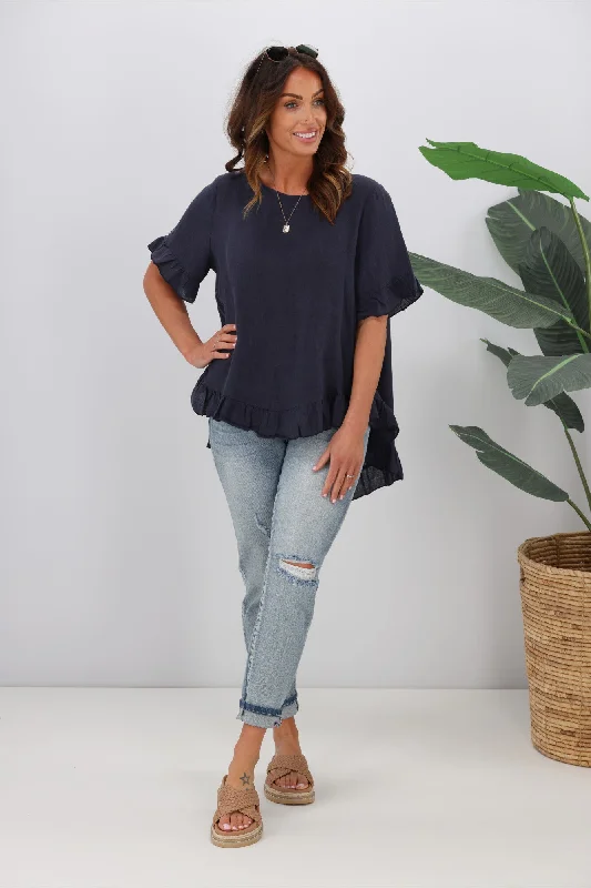 Cali & Co Frill Linen Top Navy