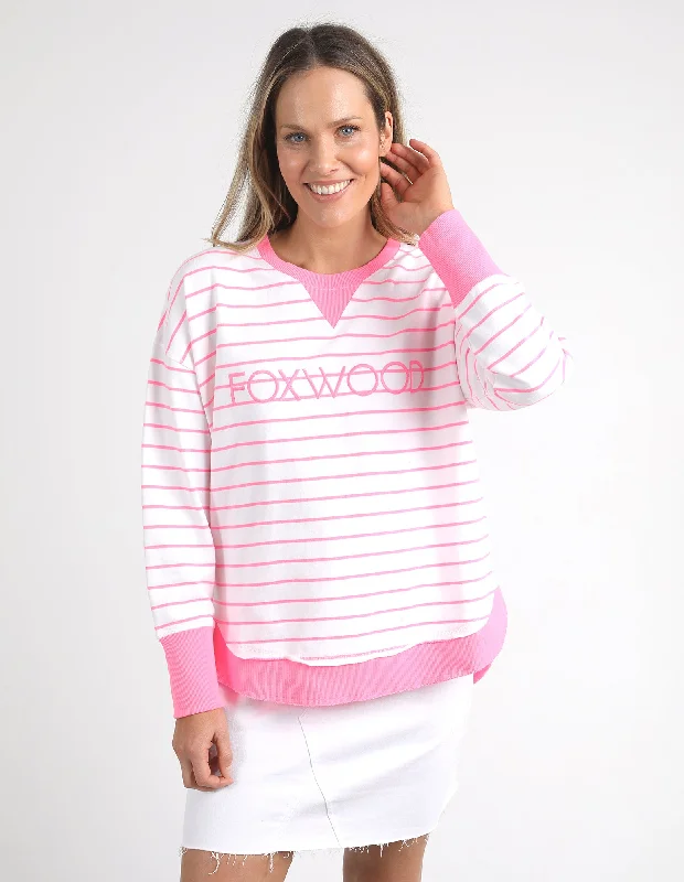 Foxwood Neon Simplified Stripe Crew White/Neon Rose