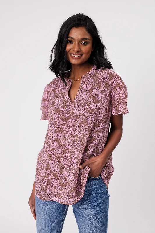 Gloss by Shine On Ruby Frill Sleeve Top Brown Pink Floral