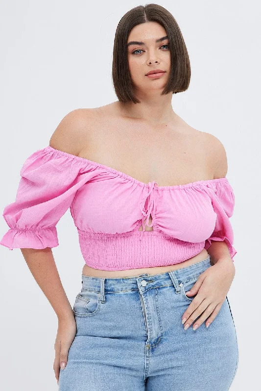 Pink Crop Top Short Sleeve Gathered Bust