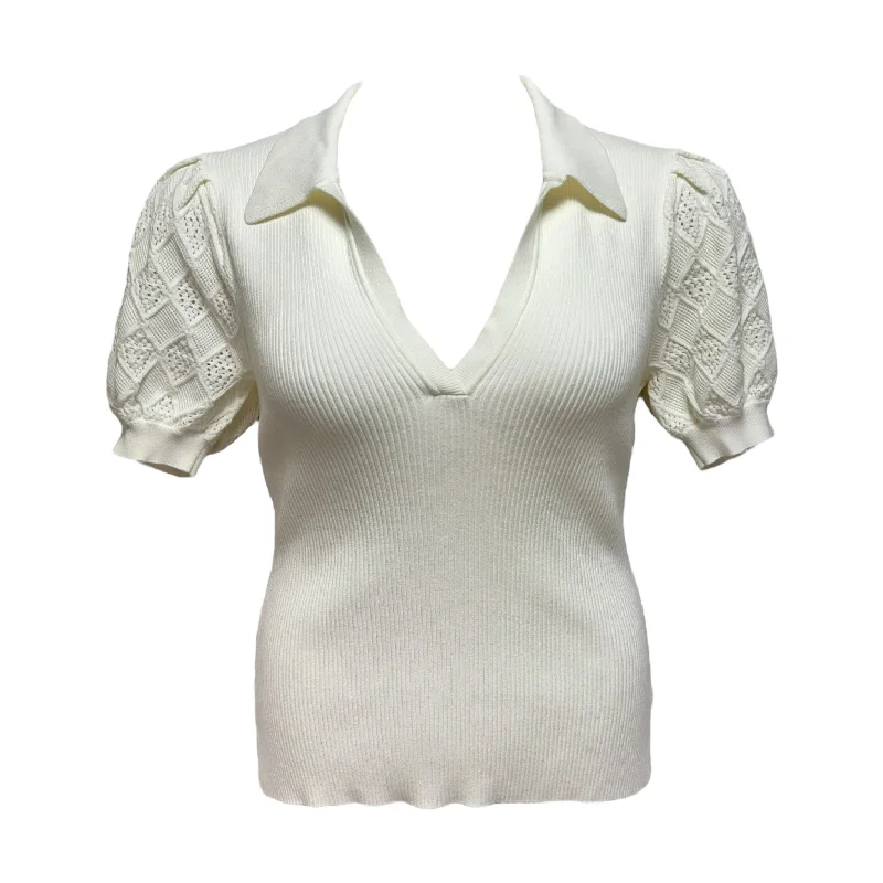 Pointelle Puff Sleeve Polo Top Designer By Milly In White, Size: L