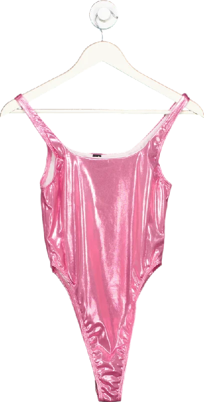 PrettyLittleThing Pink High Shine Bodysuit UK 10