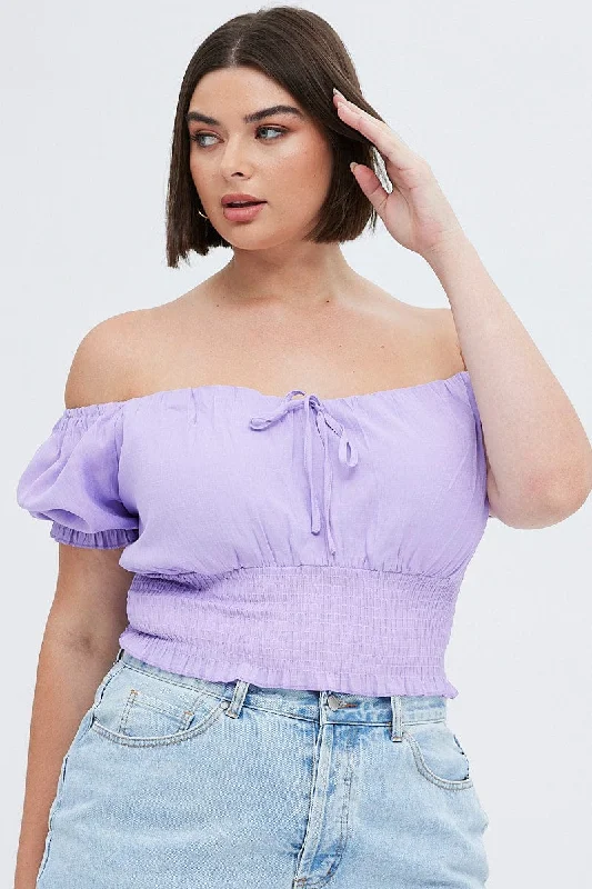 Purple Crop Top Short Sleeve Ruched Bust