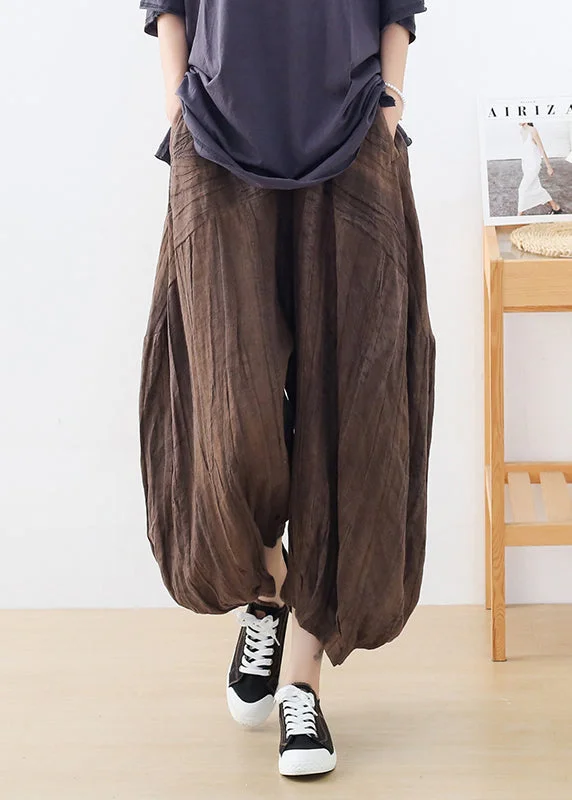 Casual Coffee Tie Dye Wrinkled Linen Lantern Pants Fall