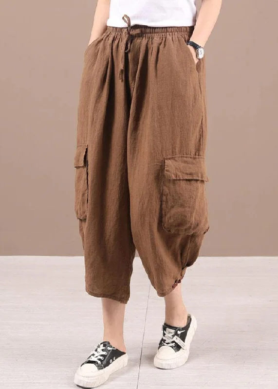 Classy Khaki retro Pockets Summer Linen Pants