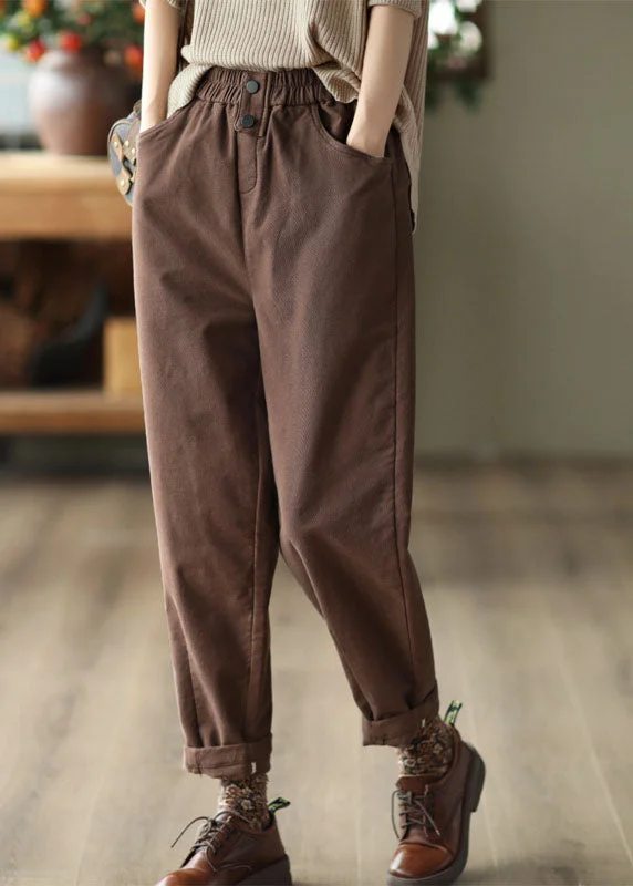 Coffee Slim Cotton Harem Pants Elastic Waist Solid Fall