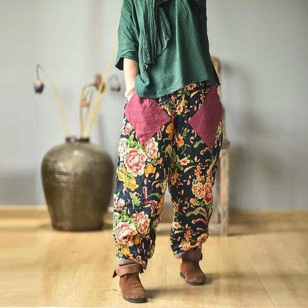 Elastic Waist Harem Pants Ladies Vintage Padded Pants Trousers