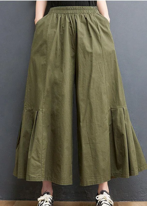 Elegant Army Green Elastic Waist Wide Leg Pants Trousers Summer Cotton