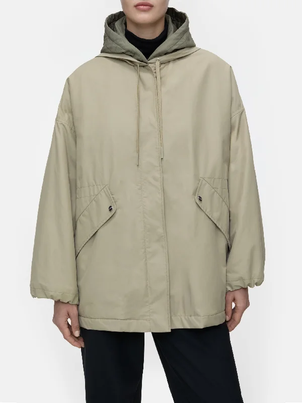 Parka a Trapezio con Cappuccio Khaki