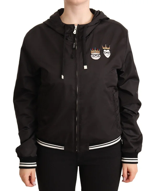 Elegant Black Bomber Jacket With Hood