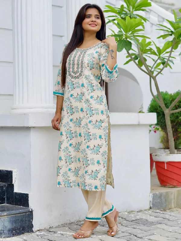 Beige Printed Chanderi Silk Straight Kurta Set