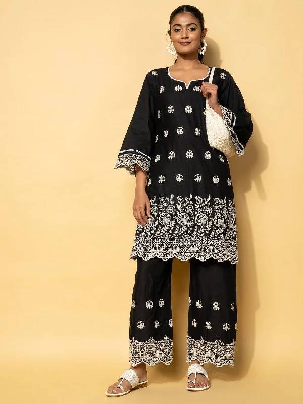 Black Embroidered Cotton Co-Ords