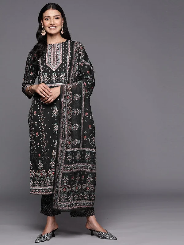 Black Printed Crepe Straight Kurta With Trousers & Dupatta