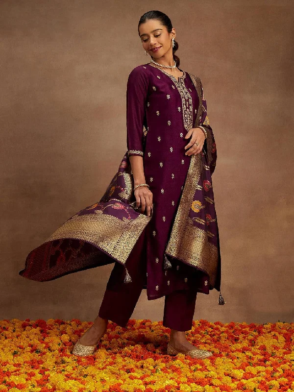 Burgundy Embroidered Silk Blend Straight Suit With Dupatta