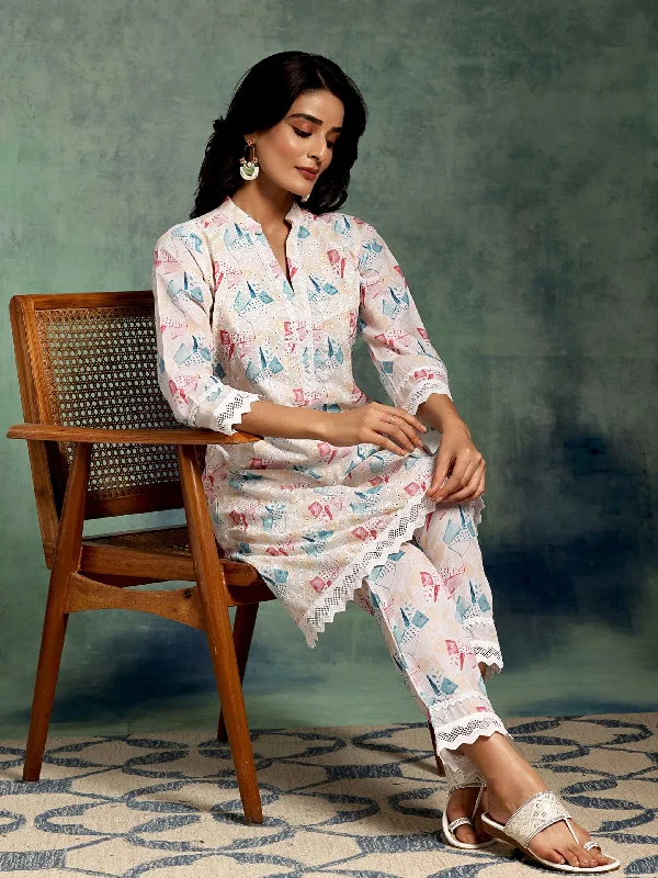 Cream Printed Cotton A-Line Kurta With Trousers