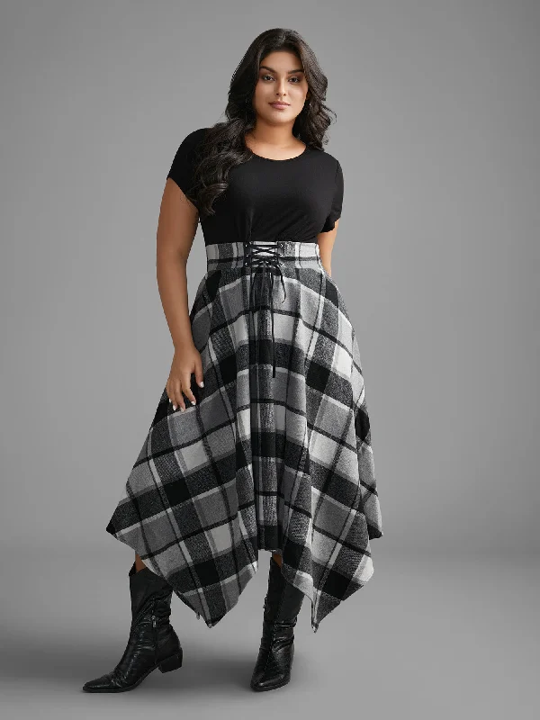 Elastic Plaid Asymmetrical Hem Dress