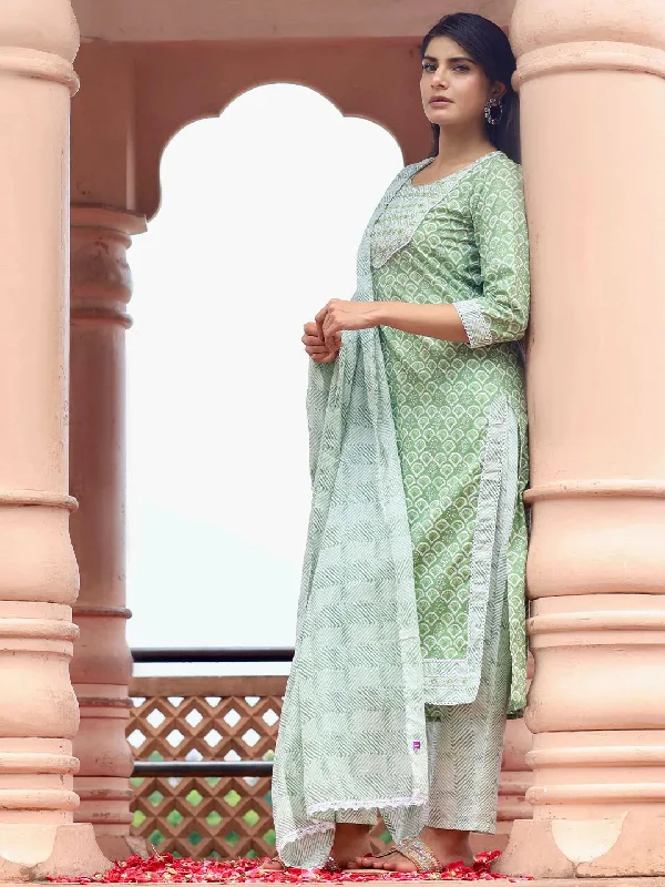 Green Printed Cotton Straight Suit With Dupatta