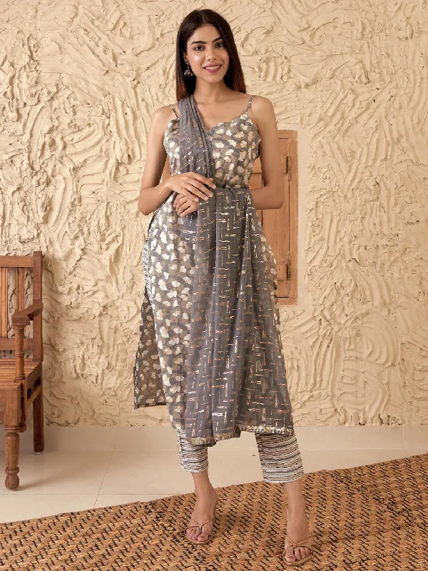 Grey Printed Cotton Straight Suit With Dupatta