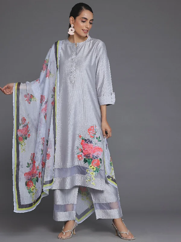 Grey Self Design Silk Blend Straight Suit With Dupatta